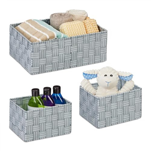 Relaxdays Aufbewahrungskorb 3er Set, Verschiedene Größen, Körbchen geflochten, Badezimmer, Dekokorb, Kunststoff, grau