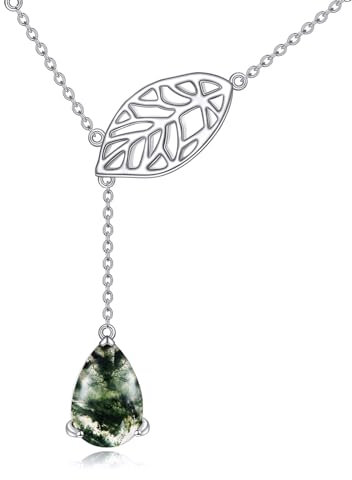 POPLYKE Blatt Moos Achat Halskette Sterling Silber Moos Achat Anhänger Kette Natürlichen Grünen Edelstein Schmuck Geschenke Y Halskette für Frauen