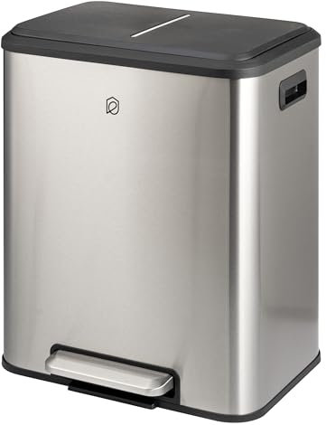 eluno Pattumiera a pedale – 2 scomparti da 15 litri ciascuno, secchio interno estraibile in plastica, manici laterali, pedale grande, sistema di raccolta differenziata (acciaio inossidabile)