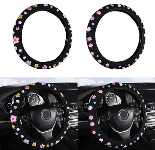 KASESSS 2 Stück Lenkradbezug, Weich Lenkradhüllen, Universal Steering Wheel Cover (37-38 cm), Blumenmuster Lenkradschutz Auto, Elastisch Lenkradhülle, Anti Rutsch Autolenkradbezug für Sommer & Winter