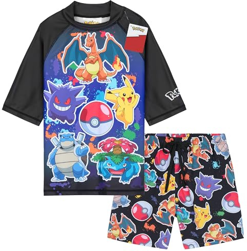 Get Trend Pokemon Costume Piscina Bambino Ragazzi 2 Pz Costumi Mare Pantaloncini da Bagno e Maglietta per Nuoto Spiaggia Viaggio (7-8 Anni, Multi Pokemon)