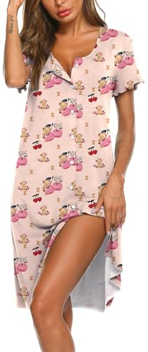Ekouaer Women Nightdress Button Down Nightshirt Short Sleeve Nightgown Sleepwear Summer Sleepshirts, Teddy Bear Small