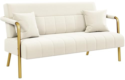 Yaheetech Polstersofa mit Armlehnen & Beine aus Metall Modernes Zweisitzer-Sofa mit 2 Lendenkissen Loveseat fürs Wohnzimmer, Heimbüro Beige