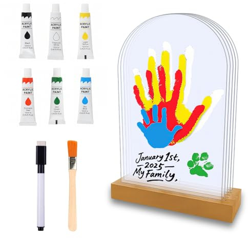 Acrylic paint Aischens Kit Impronte di Mano della Famiglia, 5 Pannelli in Plexiglass con Base in Legno, Kit per Impronte di Mani e Piedi, Cornice con Spazio per 5 Impronte, Ricordo Personalizzato DIY