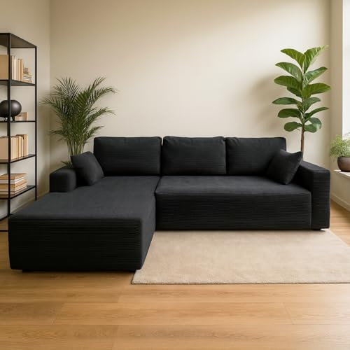 CONCEPT USINE | Canapé d’Angle Hove 5-6 Places Gris Anthracite | Méridienne Gauche | Velours Côtelé Doux | Coussins Inclus | Design Épuré et Moderne | Confort Ferme Bi-densité | 270 x 175 cm