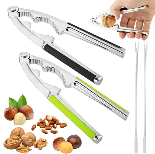 AUAUY 2 PCS Nutcracker, Multifunctional Nut Cracker, Heavy Duty Nut Crackers with Non-Slip Handle and Fork, Nut Opener Tool for Walnut Hazelnut Almonds Pecan Pistachios Seafood (Black+Green)