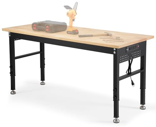 60 Adjustable Workbench with Rubberwood Top & Power Outlet,Large 60 x24Inch 9-Level Height Range 27-37, 2000 LBS Heavy Duty Capacity for Workshop, Office, Garage, Home