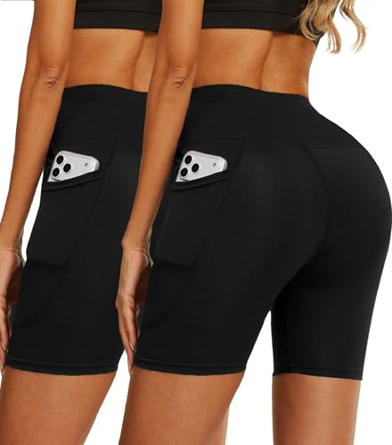 Yutdeng Mallas Deporte Mujer Cortas Leggins Cortos Antirozaduras Pantalon Ciclista Shorts Deportivos Cintura Alta con Bolsillos Mayas Deportivas Ciclismo Correr Fitness Vientre Plano,Negro 2pcs,L-XL