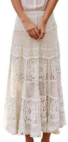 Jupe pour femme - Jupe en tulle - Jupe maxi western avec dentelle florale - Tricot au crochet - Style bohème - Ligne A - Œillets - Style hippie - Jupe longue fluide, beige, taille unique