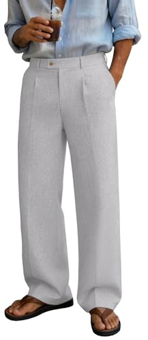 FEDTOSING Mens Linen Casual Trousers Old Money Wide Leg Baggy Pleated Slacks Elastic Waist Work Vacation Dress Pants