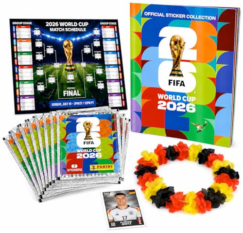 TK Gruppe Timo Klingler Set XXL Panini Coppa del Mondo 2026 – Album & Figurine con Calendario Partite, Collana di Fiori & Album Panini Calcio (10 Bustine / 70 Figurine)