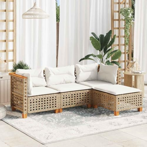 Ordellia Salon de Jardin Beige en résine tressée Poly rotin avec Coussins 4 pcs, Fauteuil modulable Angle et Repose Pieds, pour terrasse Patio détente extérieure