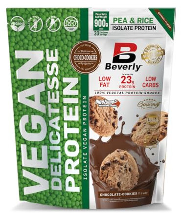 Beverly Vegan Delicatesse - Proteína vegana de guisante y arroz - 900 g - 30 Servicios - 23,5 g de proteína por ración - Sabor Chocolate cookies - Tonifica la masa muscular - Sin alérgenos animales