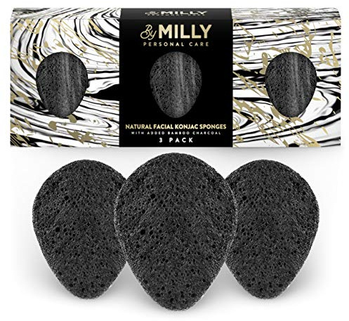 Konjac Sponge for Face | All Natural and Reusable | Konjac Facial Sponge with Activated Bamboo Charcoal | Gentle Exfoliating Sponge for Face | Cleaning for All Skin Types | Biodegradable - Black, 3pcs