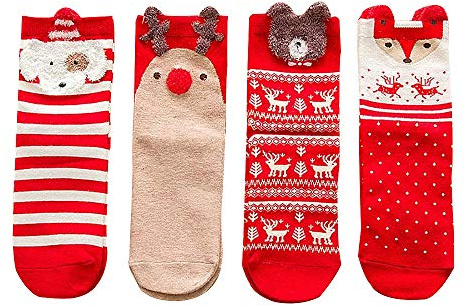 Yulakes - 4 paia di calzini con motivo natalizio, calzini natalizi, da donna, decorazione natalizia per la casa, per Capodanno, Colore: rosso, Taglia unica
