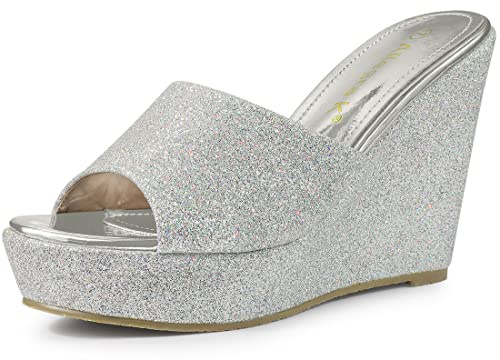Allegra K De Mujer Brillo Plataforma Sin Cordones Tacones de cuña Sandalias Plata 40
