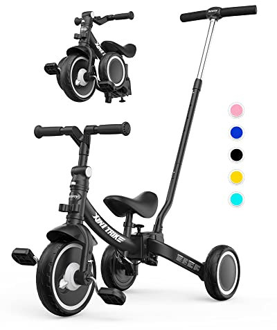 besrey 7 in 1 Kleinkind-Dreirad mit Lenkschiebegriff für 1-5 Jahre, faltbares Laufräder, Kleinkind-Fahrrad mit Radkupplung, größere Räder, abnehmbare Pedale, höhenverstellbarer Sitz,Schwarz