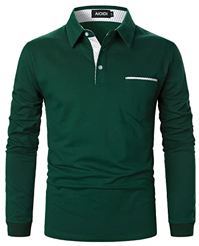 AIOIDI Polo pour Homme Manches Longues Cotone Slim Fit Plaid Rayée Top Shirt avec Poche,Vert 2,L