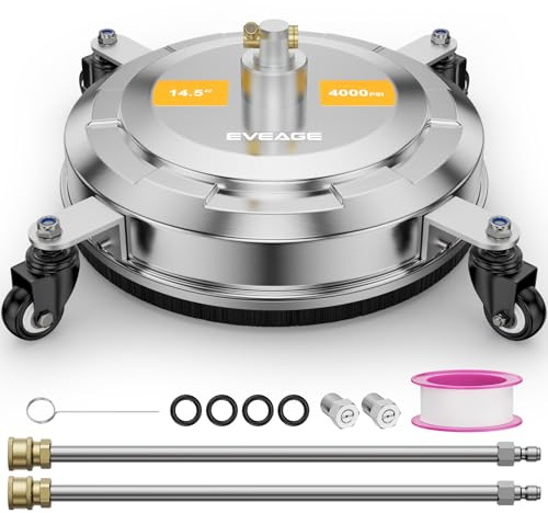 EVEAGE 14.5 Pressure Washer Surface Cleaner, Upgraded Stainless Steel Pressure Washer Accessories with 4 Weels & 1/4 Quick Connector, 4,000 PSI Power Washer for Driveways Sidewalks Patios Cleaning