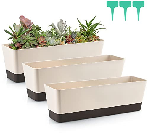 Skelang 3 Stück Blumenkasten, rechteckig, 42,4 cm, rechteckig, aus Kunststoff, Gärtner, für den Außenbereich, Balkon, für Sukkulenten, Blumen, afrikanische Veilchen