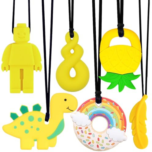 Kaukette für Kinder, 6 Stück Sensory Kauen Halskette, Silikon Beißring für Baby, Autismus Spielzeug für Jungen und Mädchen, Perfekt für Kinder mit ADHS, Zahnen, Beißende, Fingernägel Kauen (Gelb)