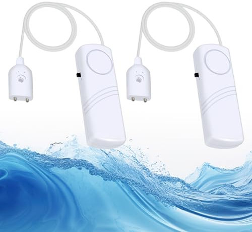 2 Stück Wassermelder Wasser Alarm: Wassersensor Wasseralarm Wasserstandsalarm 90dB Lauter Wasseralarm mit 100cm Langes Kabel mit Schaltknopf, für Wasserheizer Aquarium Wassertank