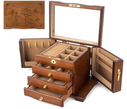 hzexun Wooden Jewelry Box for Women, Solid Wood Organizer with Combo Lock for Jewelries, Necklaces, Rings, Vintage Style Storage Box with Mirror