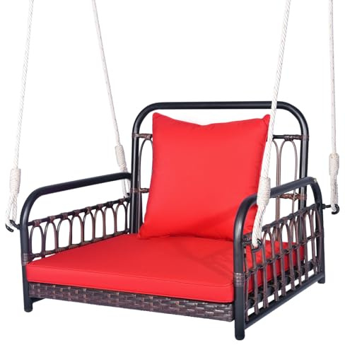 LIFEZEAL Balançoire de Jardin 1 Place avec Coussin & Accoudoirs, Balancelle Chaise Suspendue, Cadre en Métal & Rotin PE, 2 Cordes de Suspension, Charge de 180 kg (80 x 65 x 58 cm)