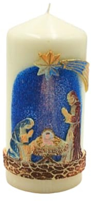 Candela di alta qualità 3D fatta a mano, candela d'altare, candela di Cristo, candela cristiana con decorazione sacra famiglia in crema, dimensioni: larghezza x altezza ca. 7 x 15 cm.