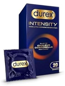 Durex Intensity – 20 Préservatifs Homme Sans Latex Dernière Génération Ultra Fins Ultra Lubrifiés – Plus de Chaleur Corporelle Partagée – Taille Standard