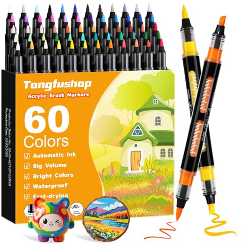Tongfushop 60 Colores Rotuladores Acrilicos, Marcadores Acrilicos Doble Punta, Rotuladores de Pintura Acrílica para Adultos, Acrylic Markers para Pintar, Roca, Cristal, Cerámica, Plastico, Tela, Metal