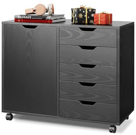 DEVAISE Mobile File Cabinet with 5 Drawers, Printer Stand with Wheels and Door for Home Office Storage, Stylish and Functional Design, Black
