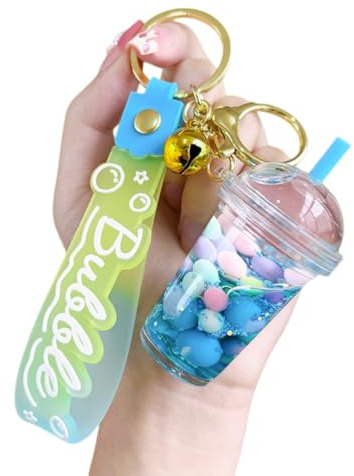 HSYHERE Luminous Lovely Summer Colourful Bean Bubble Tea Keychain Milk Tea Cup Keyring Moving Sand Key Chain Ring Bag Pendant Gift -blue