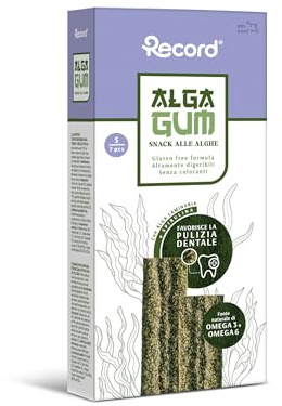 Record - Snacks dentales para Perros Alga Gum con Algas laminarias y espirulina, S, 7 Sticks. Masticativos con acción antiplaca, antisarro y contra el Mal Aliento. Ricos en Omega 3-6, Naturales y