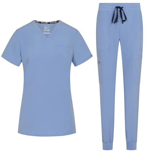 B-well NAOMI Divisa Sanitaria Donna Elastica | Uniforme Sanitaria Donna | Set con Casacca e Pantaloni Stile Jogger| Divise Sanitarie | con Spandex Azzurro, M