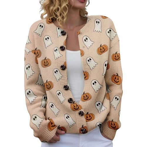 Gyaimxfu Cardigan d'Halloween pour femme - Pull court - Élégant - Hiver chaud - Veste d'automne - Veste de transition légère - Pull norvégien en tricot avec boutons - Carnaval, beige, XL