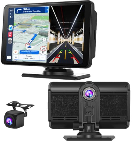 VOLTANO 7 Wireless CarPlay Screen for Cars — a compact display with a built-in dashcam, 4K front + 1080p rear recording, easy installation and clear audio.