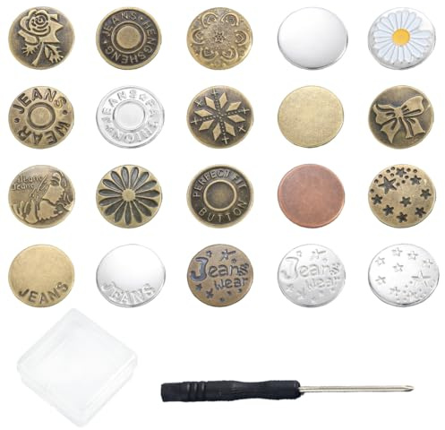 DIFLAX 20 Pièces Boutons de Jean Sans Couture Boutons Pression en Métal Avec Outil de Fixation et Boîte de Rangement Boutons Réglables pour Serrer la Taille DIY Réparation Ajustement de Pantalon