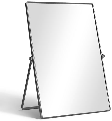 TSKDKIT Tabletop Mirror 30 × 20 cm Desk Mirror on Stand with Adjustable Angle and Black Metal Frame, Freestanding Design for Makeup and Dressing Tables (Rectangle, Black)