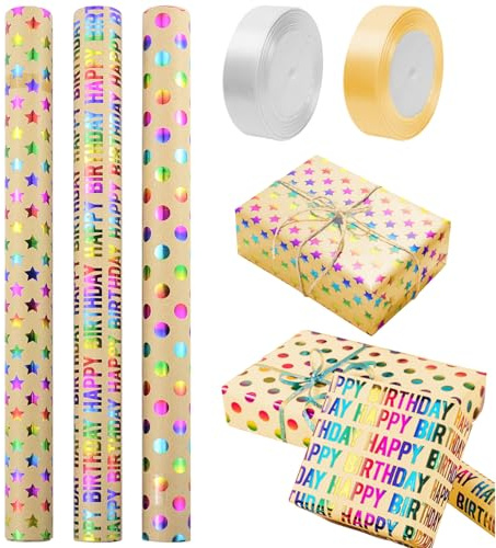 3 Rollos Papel de Regalo, Papel Kraft Decorado, Papel Para Envolver Regalos, Papel Regalo Kraft para Cumpleaños, Navidad, Bodas (43 x 300 cm)