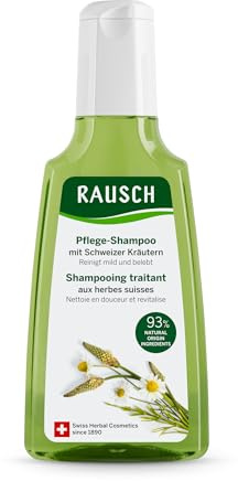 RAUSCH Pflege-Shampoo mit Schweizer Kräutern 200 ml – sanfte Reinigung für normales Haar – veganes Shampoo ohne Silikone, hergestellt in der Schweiz mit Kamillenblüten, Zinnkraut & Spitzwegerich