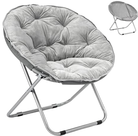 GREENSAPPIRE Moon Chair Folding Bedroom Round Reading Chair With Iron Legs Comfy for Living Room & Bedroom Reading Plush Grey (Gray)
