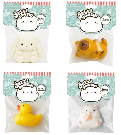 Jelli Squishi Pack de 4 Squishies Animales – Juguete Sensorial Antiestrés para Niños – Squishy de Gel Blando para Apretar – Estilo Kawaii Mochi – Colores Aleatorios