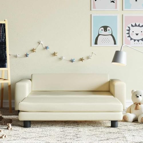 Mangloder Barnsoffa med pall grädde 100 x 50 x 30 cm konstläder, baby småbarn möbler för rum, säkerhet, utrymmesbesparande, förvaring, växer med, 1 set