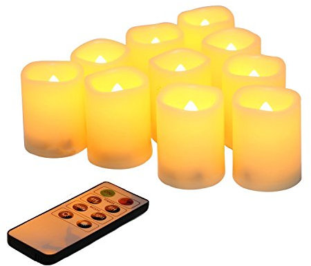 Velas de té votivas LED parpadeantes sin llama con control remoto, funciona con pilas, juego de 10 velas eléctricas para exteriores, temporizador para Navidad, decoraciones de Navidad (pilas