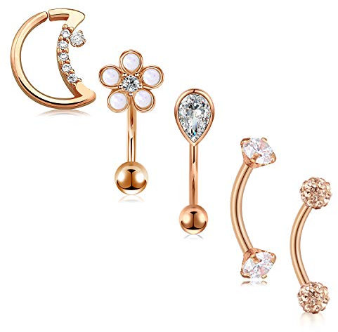 AceFun Rook Piercing 5Stk Curved Barbell Piering Augenbrauen Bauchnabel Nieten Zirkonia Daith Tragus Piercing Schmuck für Damen, 16 Gauge 8mm 6mm Rosegold
