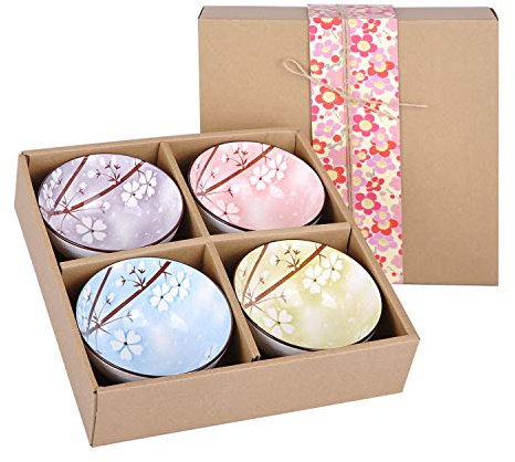 VanEnjoy Set of 4 Japanese Style Ceramic Rice Bowl with Gift Box,Assorted Phum Colors Flowers Pattern Bowls Set,Underglazed Dinnerware,For Dessert Snack Cereal Soup