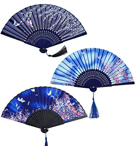 JUHONNZ Ventilatore Piegante,3 PCS Ventilatore Bambù Ventilatori Pieghevoli in Seta con Nappe Ventilatori Tasca Ventilatore a Mano per la Decorazione Della parete Regalo Fiori di Ciliegio