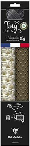 Clairefontaine 223891C - Set Tiny Rolls, 2 Geschenkpapierrollen 5x0,35m, 80g + 1 Rolle Geschenkband + 10 Geschenketiketten, gold/schwarz