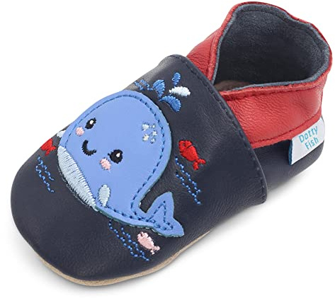 Dotty Fish Scarpe in Pelle Morbide per Bambini e Toddler – Piedi Nudi, Antiscivolo, Leggere e Flessibili, Caviglie Elastiche – Unisex Bambini e Bambine – Balena 6-12 Mesi